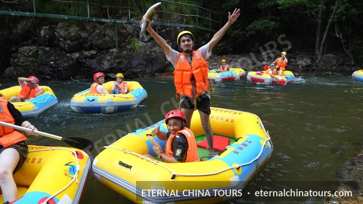 Yellow inflatable rafts running down the river