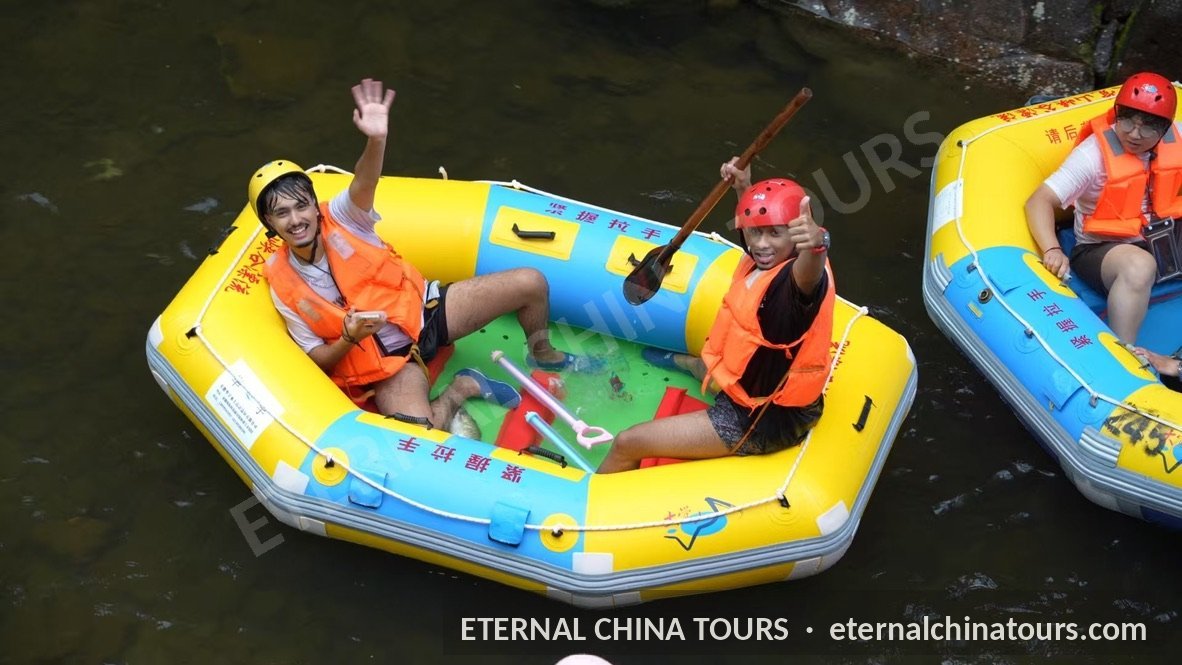 Two travelers waving from a raft
