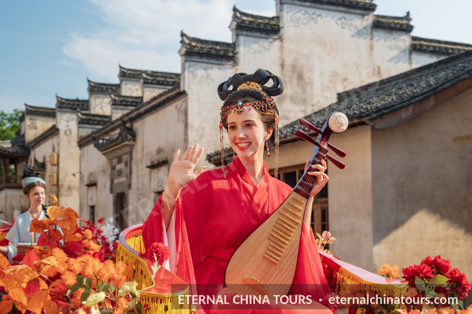 A traveler in red Hanfu with a pipa in a traditional palanquin
