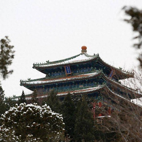Jingshan Park pavilion in snow, Beijing